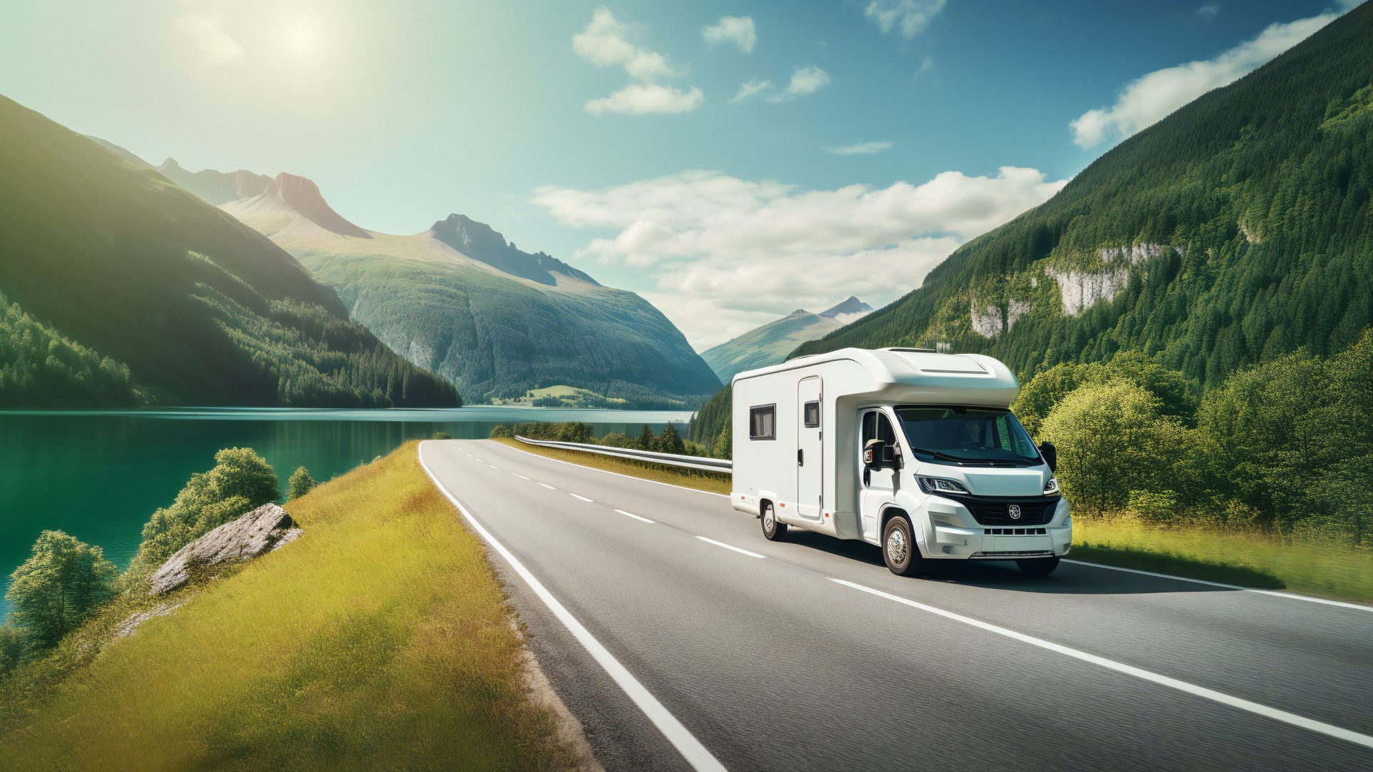 Recreational vehicle in landscape with lake