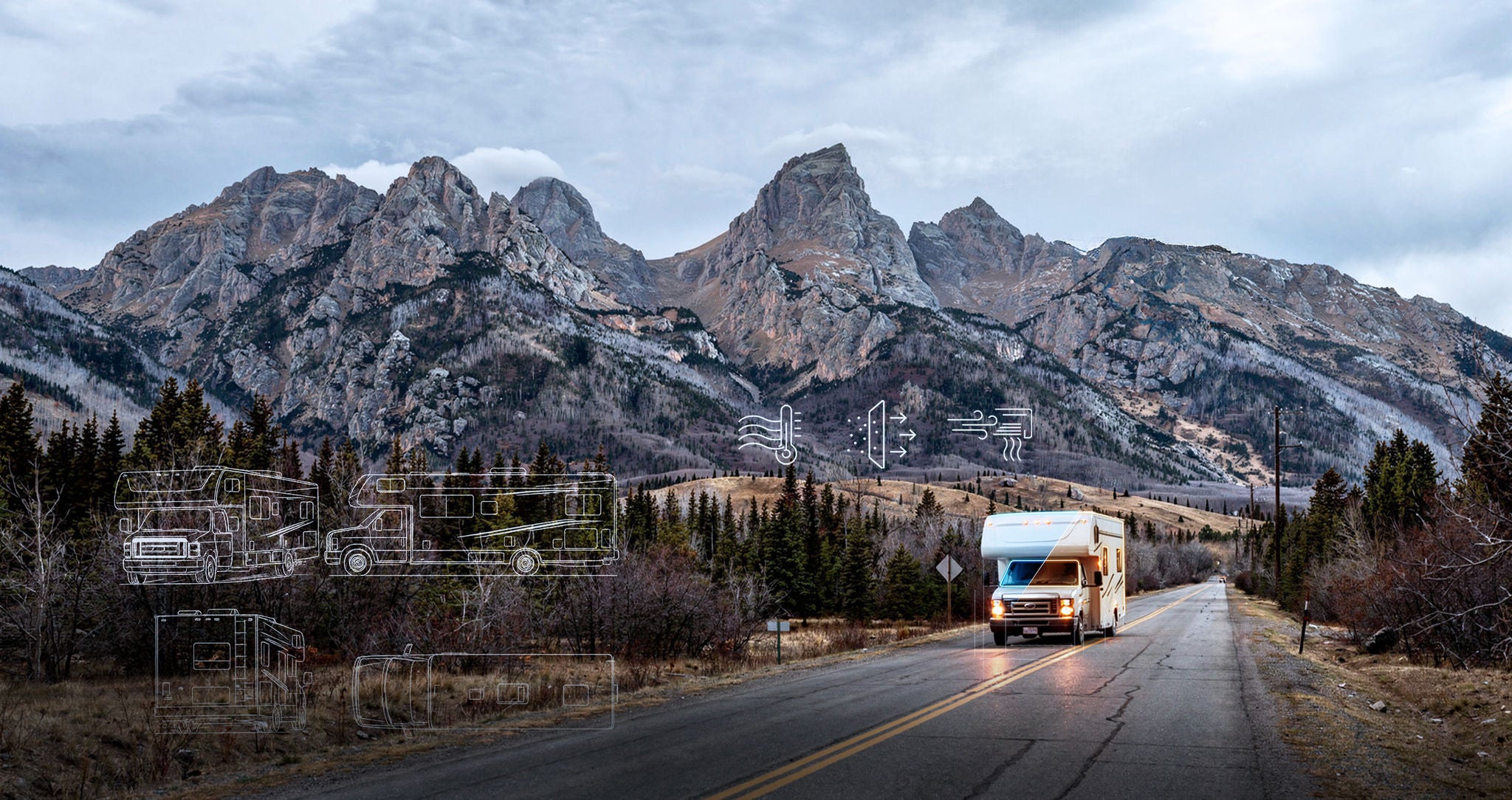 Recreational vehicle on a mountain road with schematic RV outlines and HVAC icons highlighting Webasto thermal and comfort systems for vehicle-solutions content.