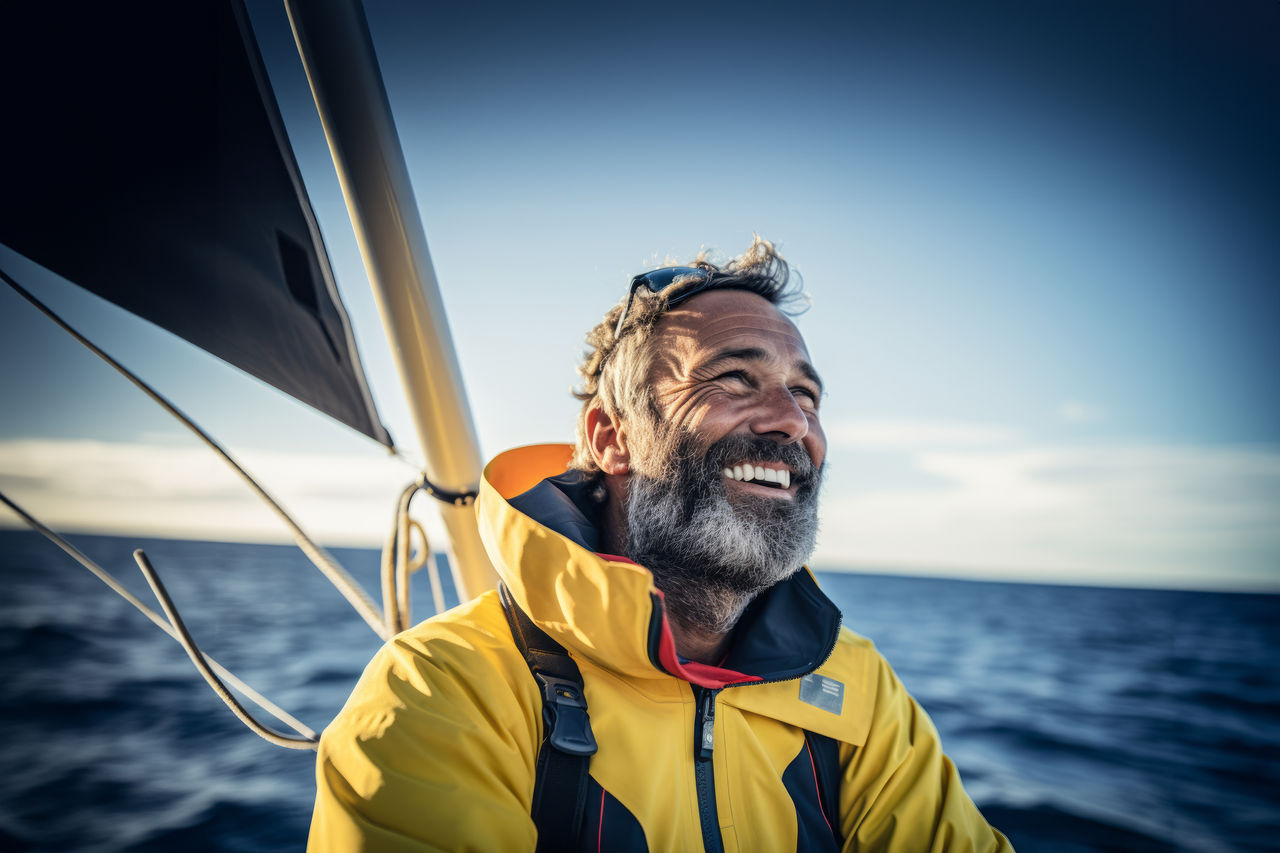 Skipper in yellow jacket on a sailing yacht with mast and rigging against open sea, exemplifying Webasto marine solutions for electrification, thermal control.
