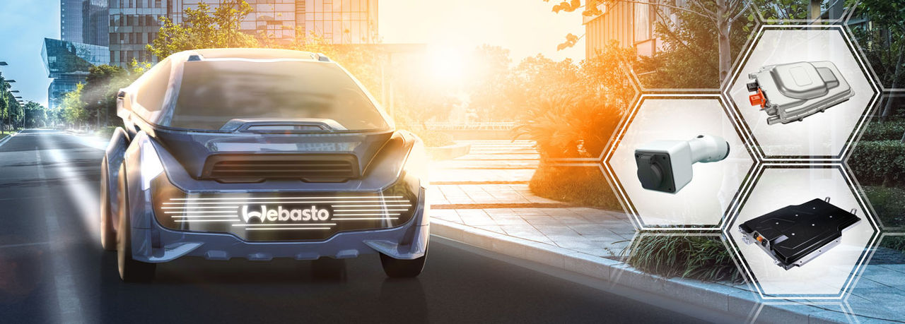 Urbanes Fahrzeug mit Webasto‑Logo und schematischer Darstellung von Ladeanschluss, Batteriepaket und Elektronik als Pressebild zur E‑Mobility‑Nachfrage.
