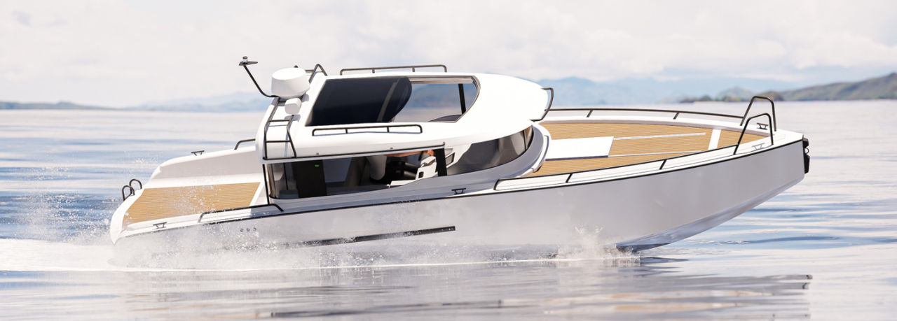 Leisure motorboat hero for Webasto marine solutions, highlighting the system partner role in electrification, thermal management and hardtop roof systems.