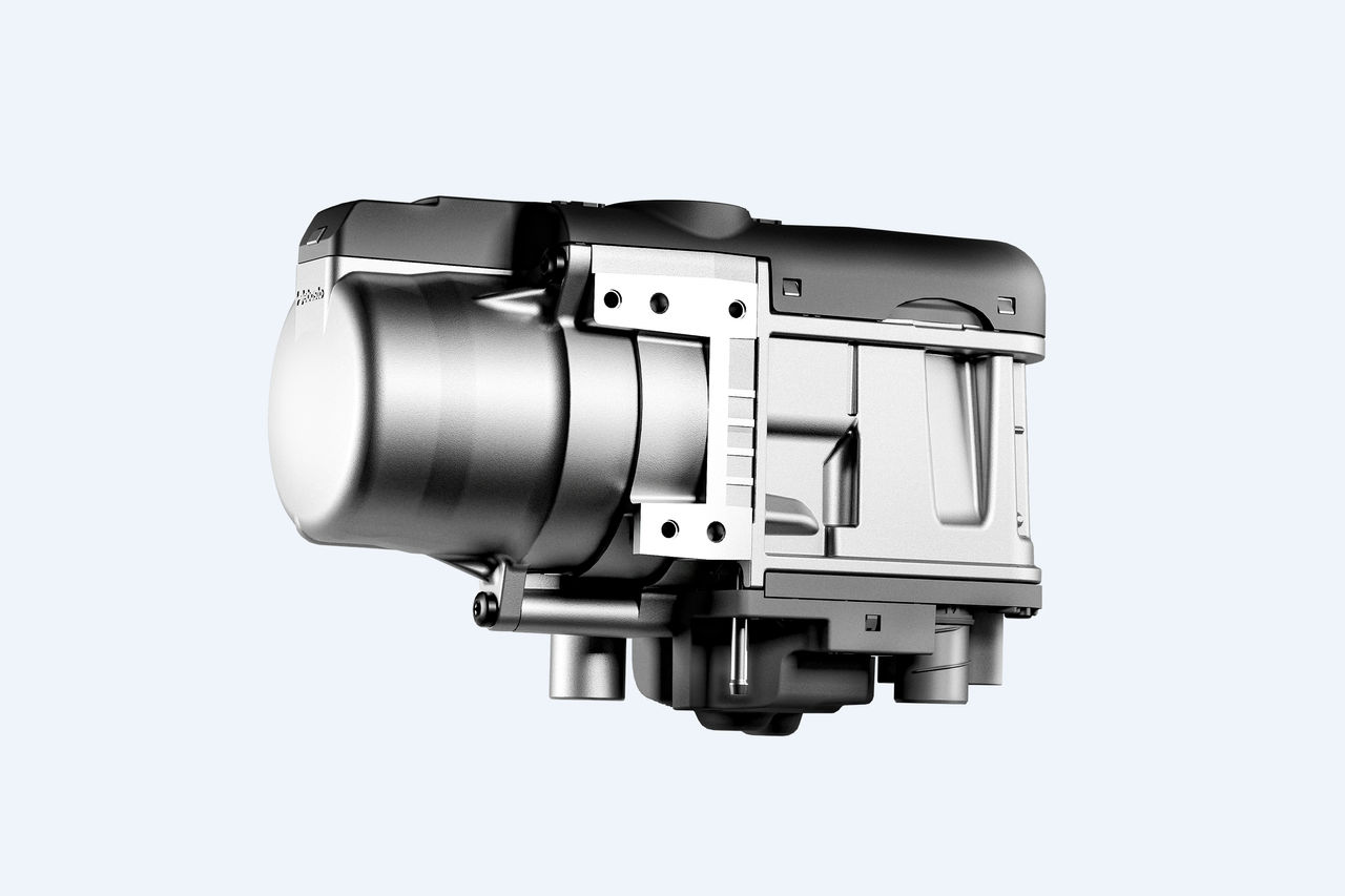 Thermo Top Pro 50 Standheizung vor blauem Hintergrund, Produktvisualisierung für die Pressemitteilung zu Fahrzeugheizung und elektrischer Wärme von Webasto