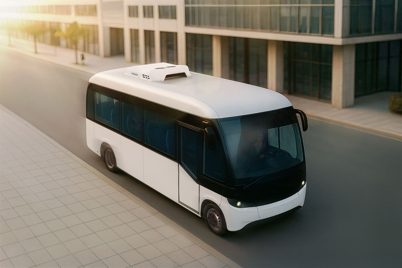 Cool Top 120-e als elektrische Dachklimaanlage auf Midibus: energieeffiziente, emissionsfreie Klimatisierung für E-Transporter; Presseinfo zu Webastos System.