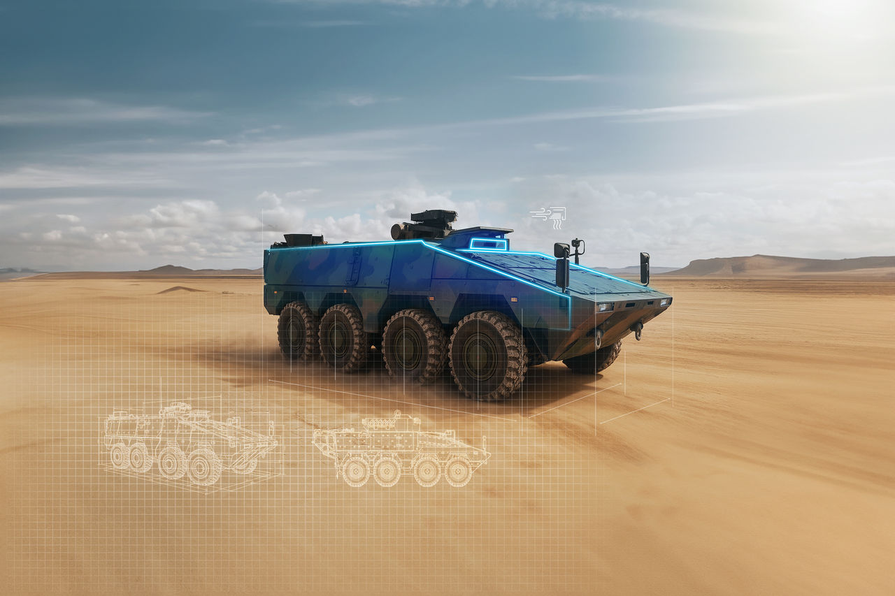 Armored 8x8 multi-terrain vehicle with digital schematics and thermal-flow overlays, highlighting Webasto electrification and integrated thermal management