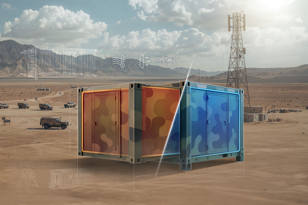 Camouflaged modular containers with HVAC, filtration and thermal-management icons illustrating Webasto climate-control systems for military and telecom sites.