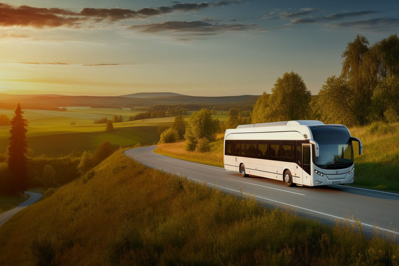 Intercity coach with rooftop air-conditioning unit driving through countryside, demonstrating Webasto's commercial vehicle HVAC and roof-system integration.
