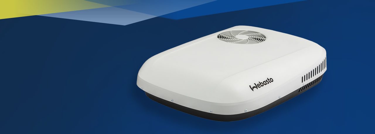 Webasto Cool Top Trail 36V rooftop AC on blue background for vehicle solutions, highlighting efficient climate control for RVs and light commercial vehicles.