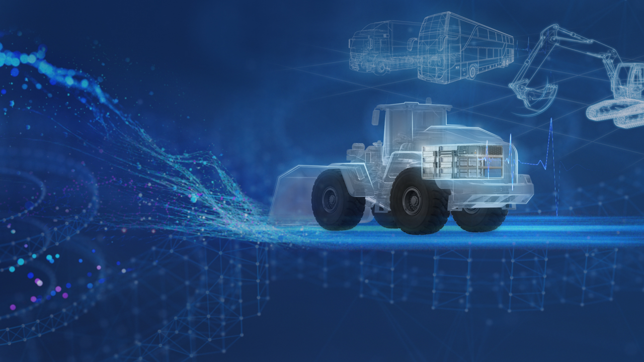 Digital blueprint of a wheel loader integrating a Webasto high-voltage battery pack and thermal management, highlighting electrification solutions for commercial vehicles.