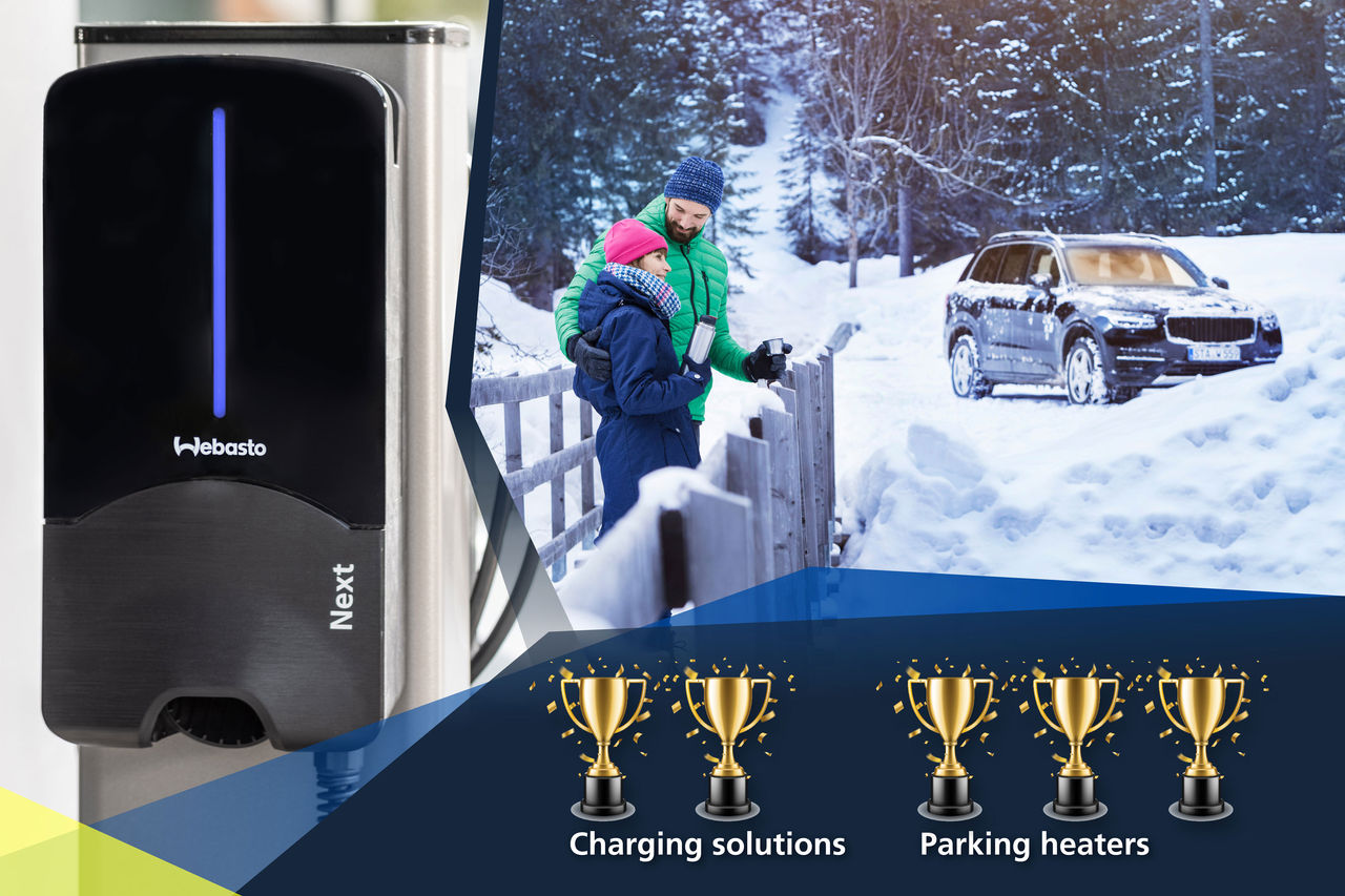 Products & solutions hero banner (EN) promoting Webasto charging solutions and parking heaters, showcasing an EV wallbox and cold‑climate passenger car comfort.