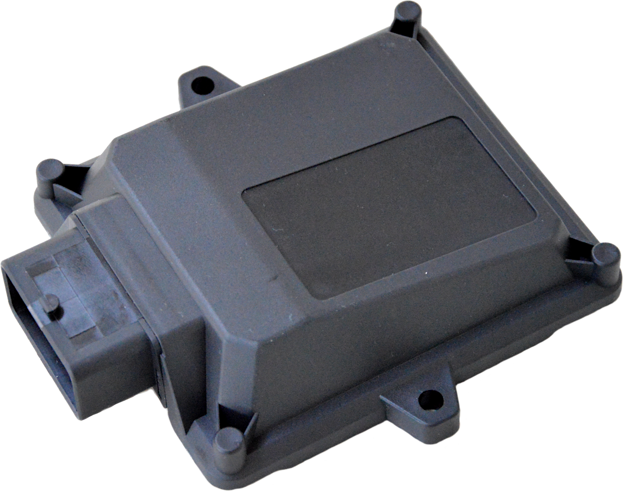 ECU housing with integrated multi‑pin connector and mounting tabs, representing a vehicle electrification control module for Products & Solutions pages.