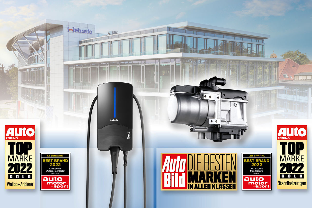 Corporate awards banner featuring Webasto Next wallbox and parking heater with company backdrop, highlighting Auto Bild & Auto Zeitung Top Marke 2022 honors.