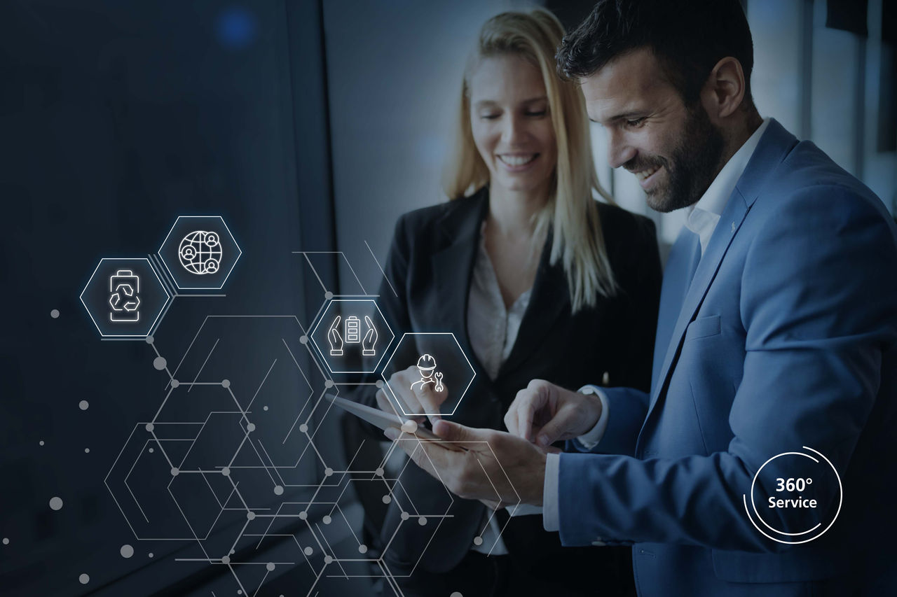 360° Service motif reinforcing Webasto as system partner for OEMs and dealers, highlighting integrated aftersales, digital service tools and lifecycle support.