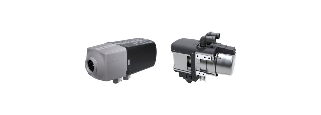 Products & Solutions imagery: Webasto Air Top Pro 25 and Thermo Top Evo highlighting compact, efficient vehicle heating systems for passenger vehicles.