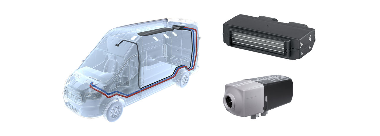 Vehicle HVAC system layout for commercial van illustrating integrated auxiliary heater and interior air distribution units for Webasto vehicle solutions.
