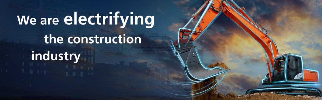 Hero visual for English construction industry page highlighting Webasto as system partner for electrifying excavators with battery and thermal solutions.