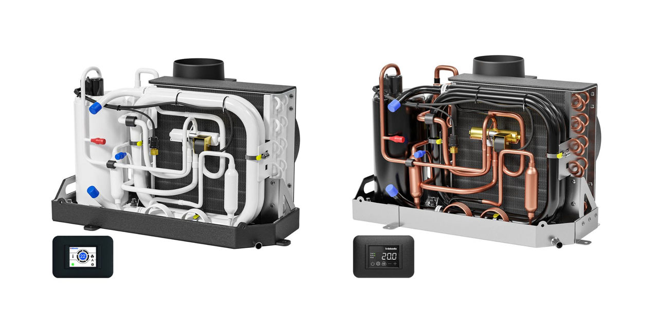 Dual modular vehicle air-conditioning evaporator-condensers with controllers, showcasing Webasto HVAC system variants for buses, commercial vehicles and RVs.