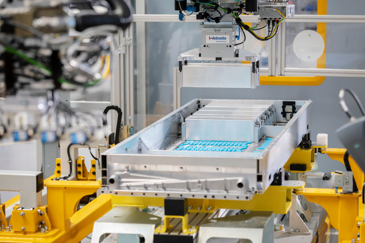 Webasto automated battery module assembly line showcasing vehicle electrification battery systems and Webasto's system‑partner manufacturing capabilities.