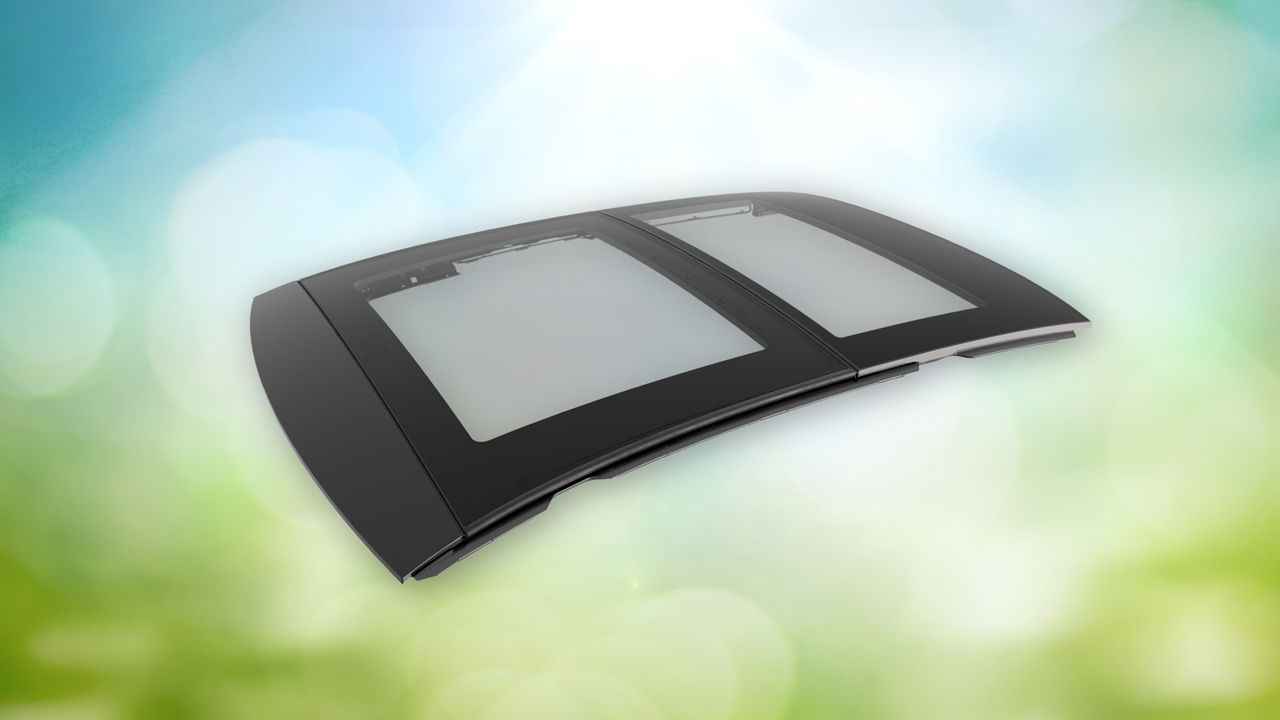 Dual-panel panoramic roof system module for passenger cars, presented as a product showcase on Webasto roof systems pages highlighting integrated, OEM-ready solution.