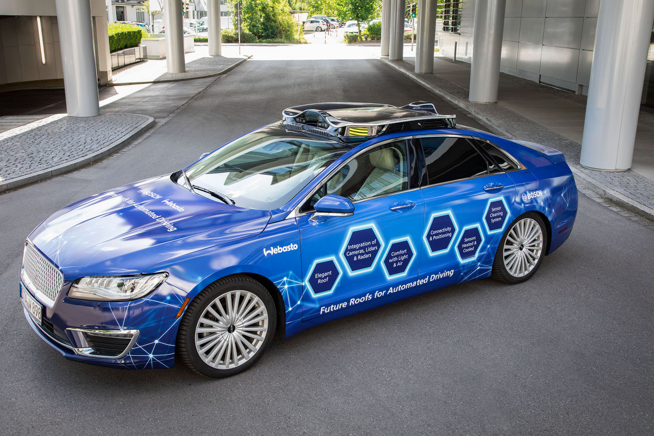 Webasto and Bosch prototype for automated driving: a sedan with Webasto rooftop sensor module demonstrating integrated roof systems for future mobility.