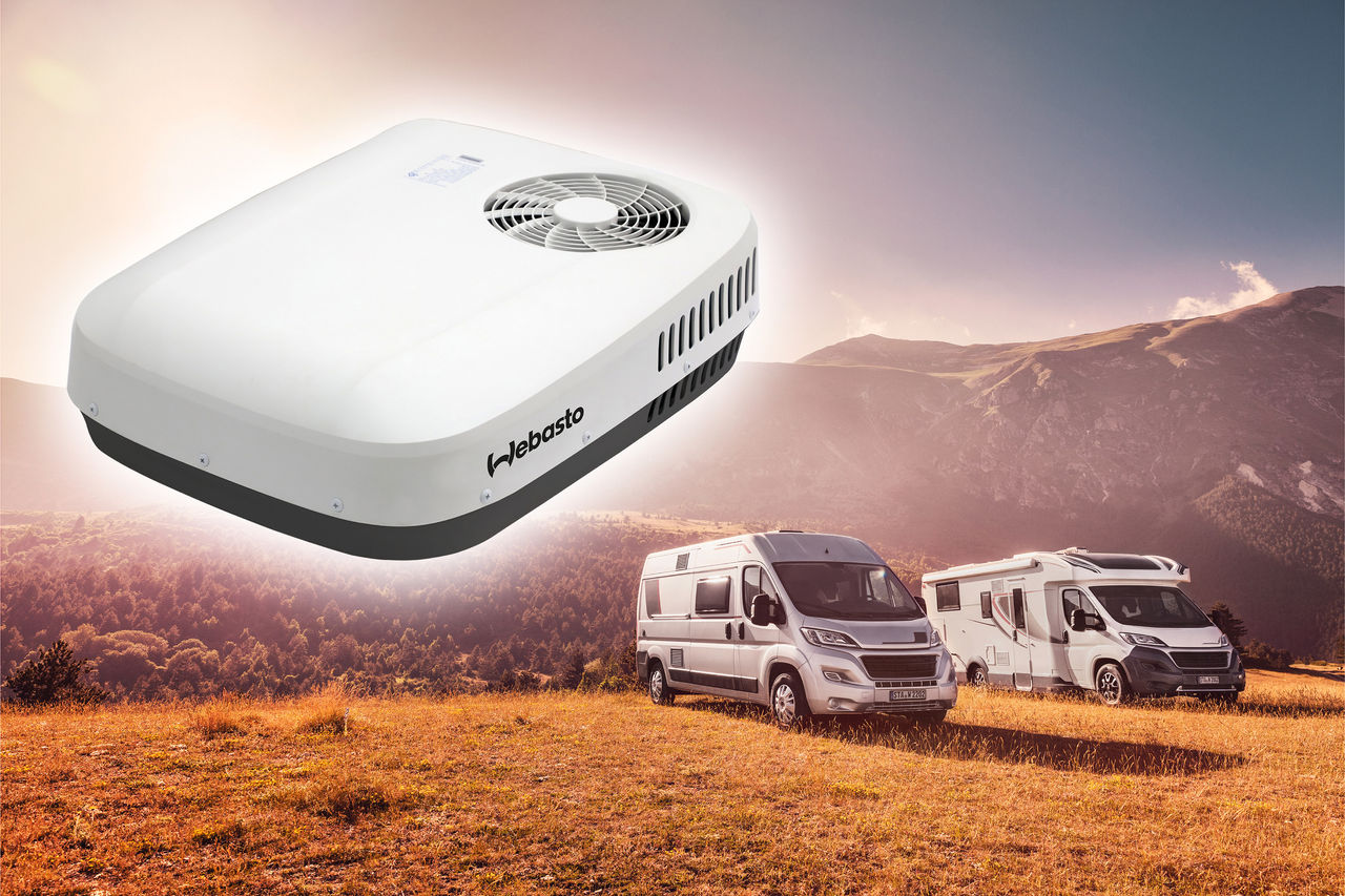 Rooftop air-conditioning unit showcased as a hero visual for Webasto motorhome solutions, highlighting climate control for camper vans and recreational vehicles.