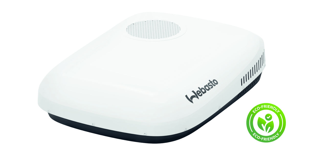 Roof-mounted climate control unit with Webasto logo and eco-friendly badge, used as product visual on vehicle solutions and RV product pages.