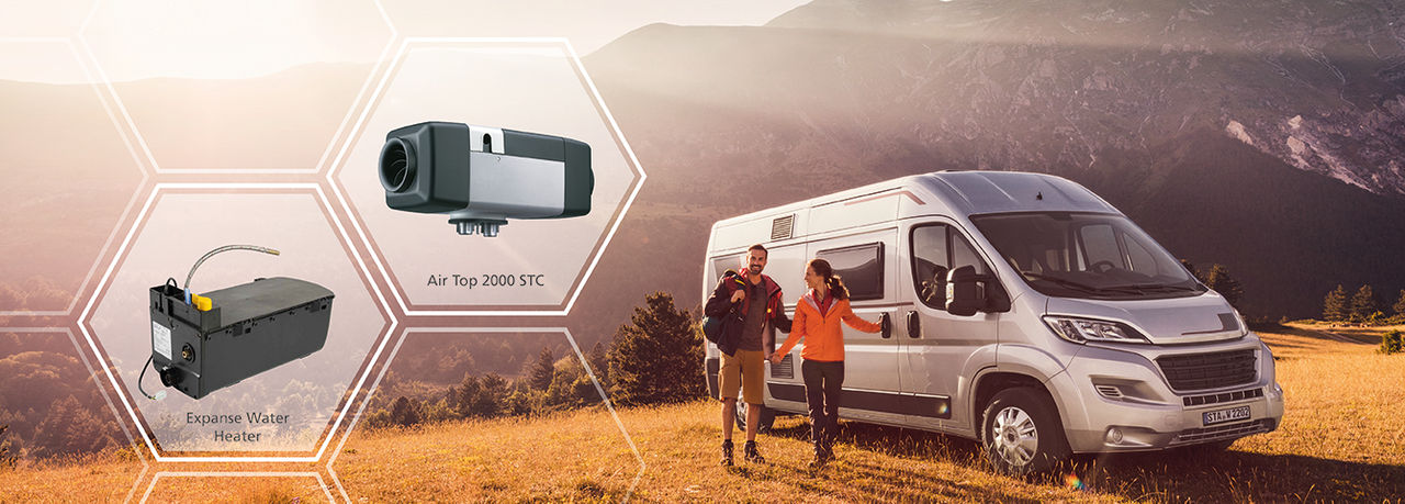 Webasto as system partner for campervan solutions highlighting Air Top 2000 STC and Expanse Water Heater integrated into RV thermal management and comfort.