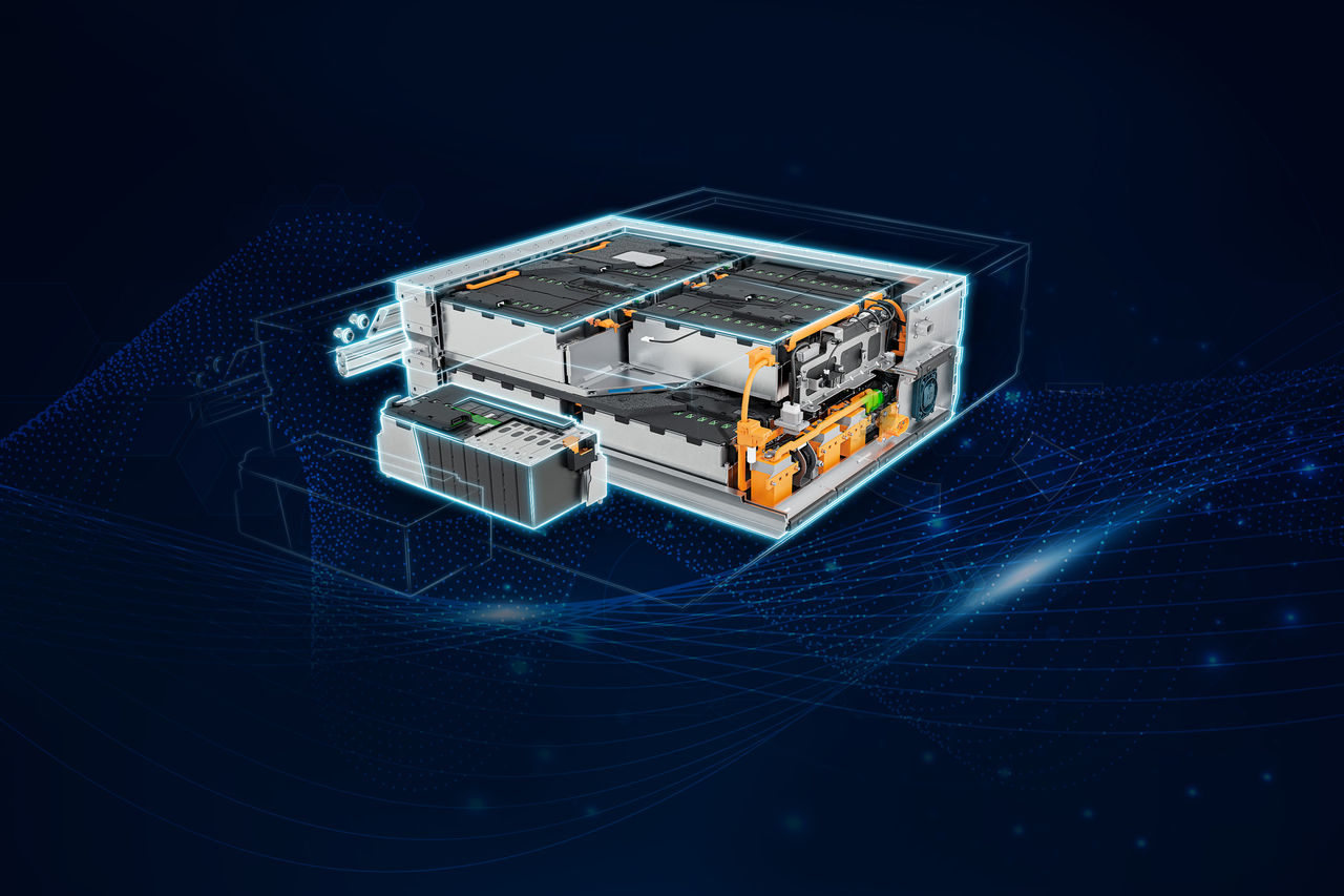 Product visualization of the Webasto Standard Battery Pro 40 on a blue tech background for vehicle-electrification product pages and marketing.