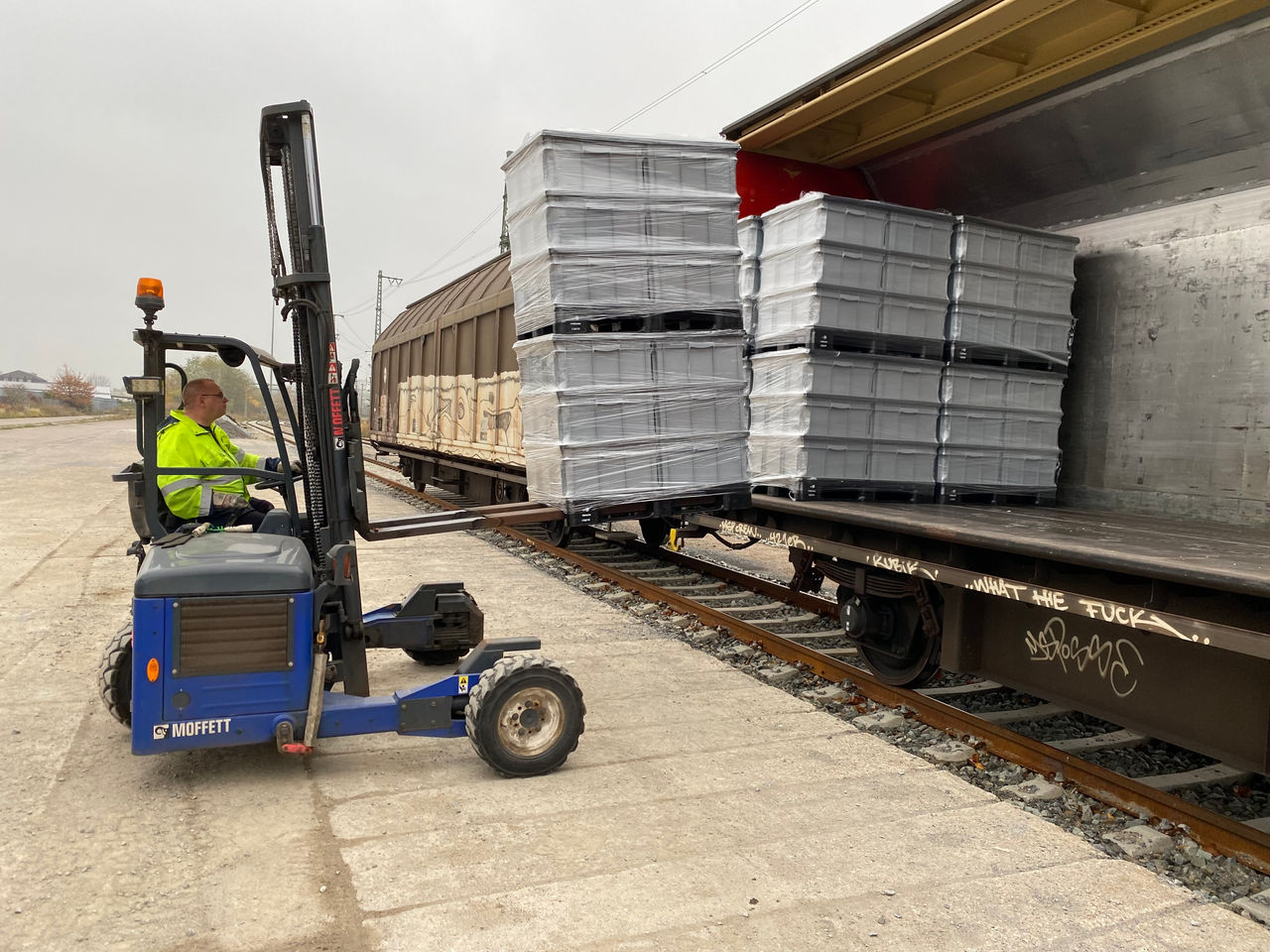Secure loading and rail transport of palletized battery modules at Webasto logistics hub, illustrating vehicle-electrification supply chain and handling process.
