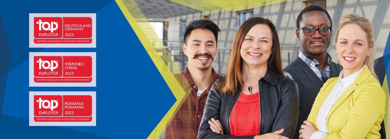 Careers banner for Webasto showcasing Top Employer 2023 awards (Germany, China, Romania) alongside diverse employees, reinforcing Webasto as a system partner.