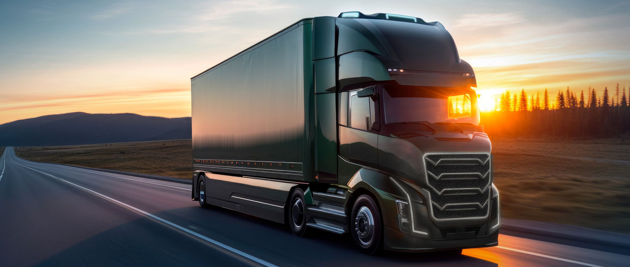 Heavy-duty truck at sunset for vehicle-solutions commercial vehicles page, illustrating Webasto system integration for thermal management and electrification.