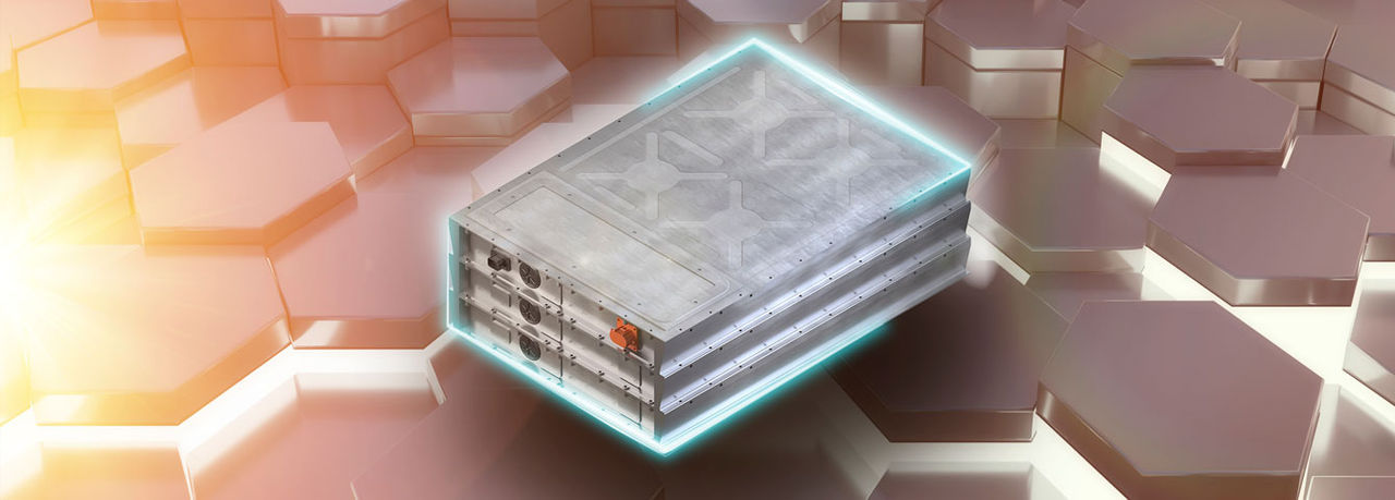 High-voltage battery system render for Webasto systems partner vehicle electrification page, highlighting modular pack design and integrated thermal and power management