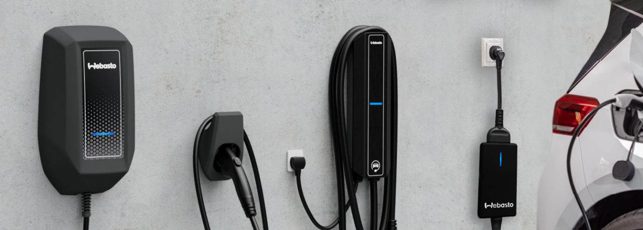Webasto home charging solutions: wall-mounted and portable EV chargers with tethered cables, ideal for vehicle electrification product and solutions pages.