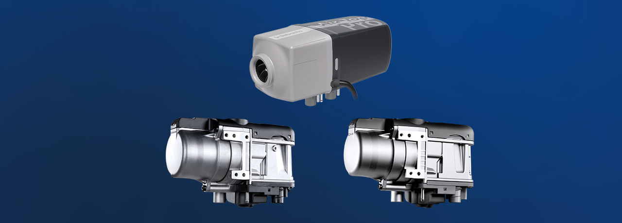 Webasto Air Top Pro 25, Thermo Top Evo Smart and Thermo Top Pro 50 visuals for products & solutions, showcasing compact air and water heaters for vehicles.
