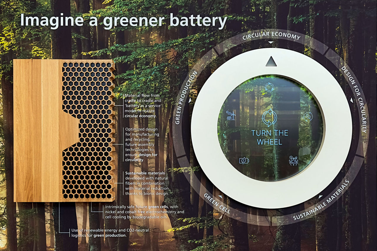 Webasto system partner sustainability display presenting a greener battery concept with circular-economy wheel, biobased materials and optimized cell design.