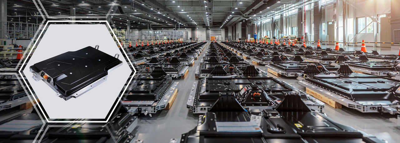 High-volume EV battery pack production line with battery module inset, showcasing Webasto vehicle electrification solutions and OEM e‑mobility system partnership.
