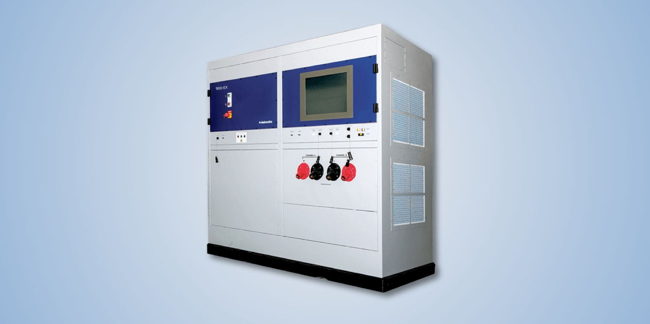 PTS 900-EX test cabinet for products pages, positioning Webasto as system partner with enclosed power-test and charging connections for vehicle electrification.