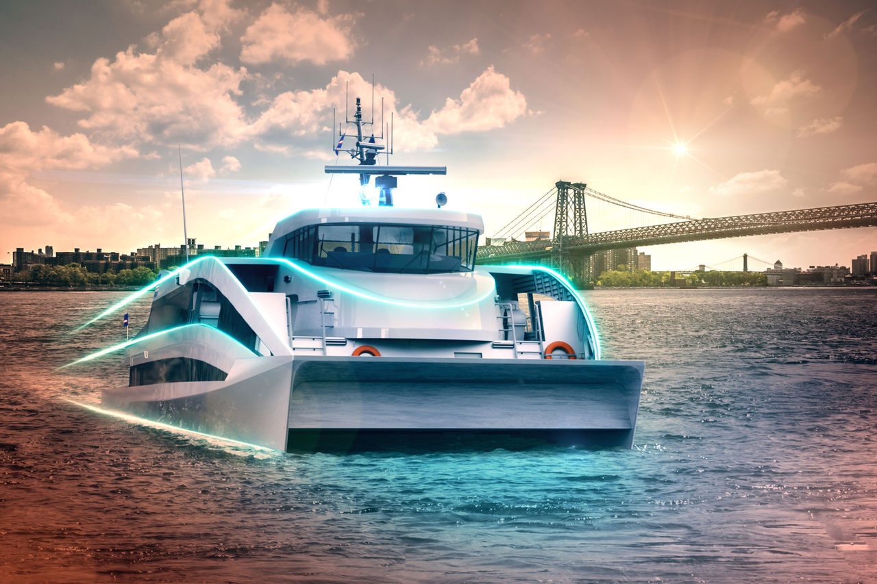 Electric catamaran concept in an urban harbor visualizing Webasto as systems partner for marine electrification & thermal management on commercial vessels.