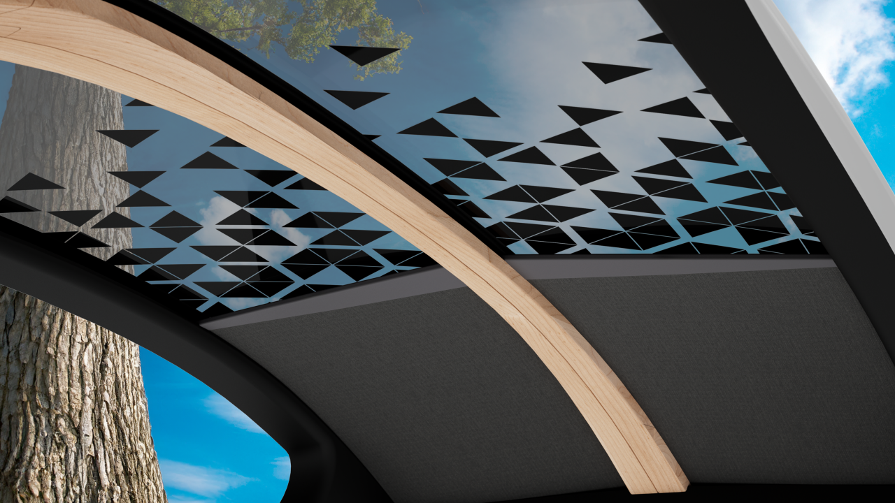 Panoramic glass roof concept with geometric solar shading, integrated headliner and wood arch trim for passenger cars — Webasto system partner for roof systems