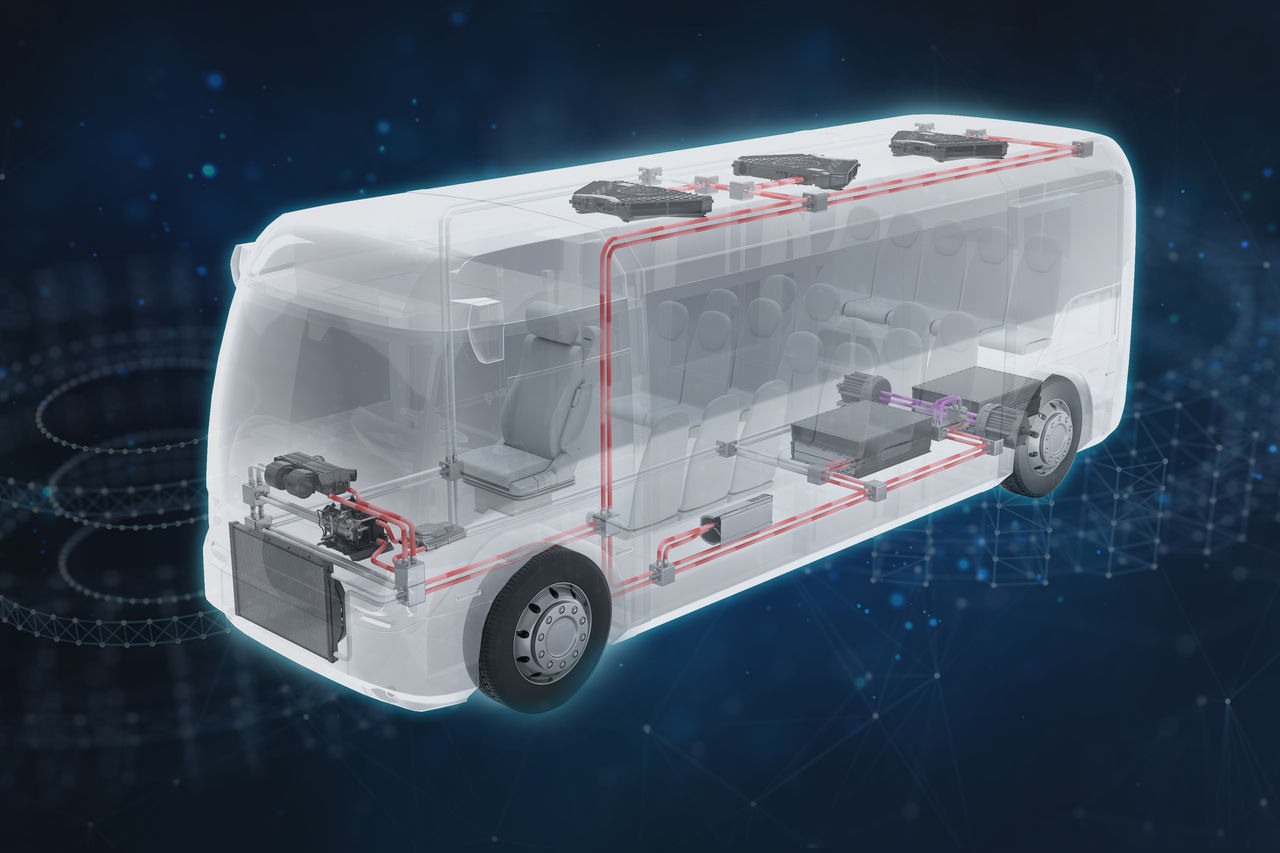 Interactive visualization of Webasto eTM electrical thermal management system in an electric bus, illustrating battery and cabin temperature regulation layout.