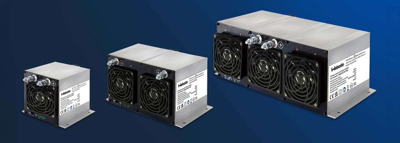 Modular power-electronics units with cooling fans and high-current terminals for Webasto vehicle-electrification product pages, emphasizing system partner role.
