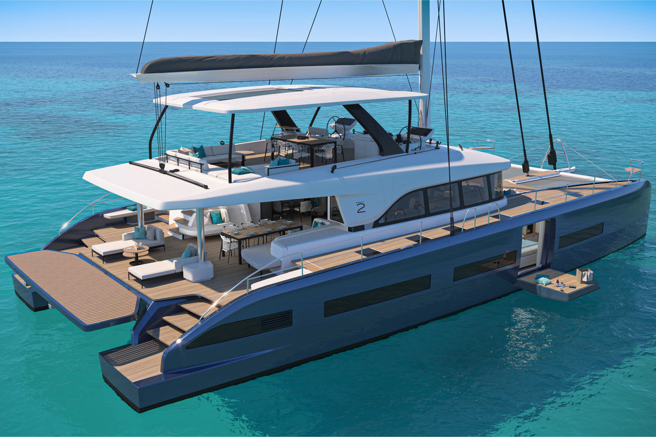 Luxury sailing catamaran with expansive flybridge and integrated hardtop, illustrating Webasto as marine systems partner and electrification readiness.
