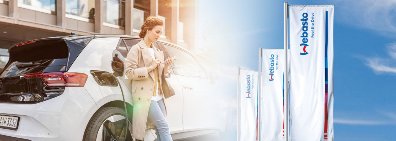 Passenger EV charging scene illustrating Webasto as system partner for vehicle electrification, highlighting branded charging infrastructure on product pages.