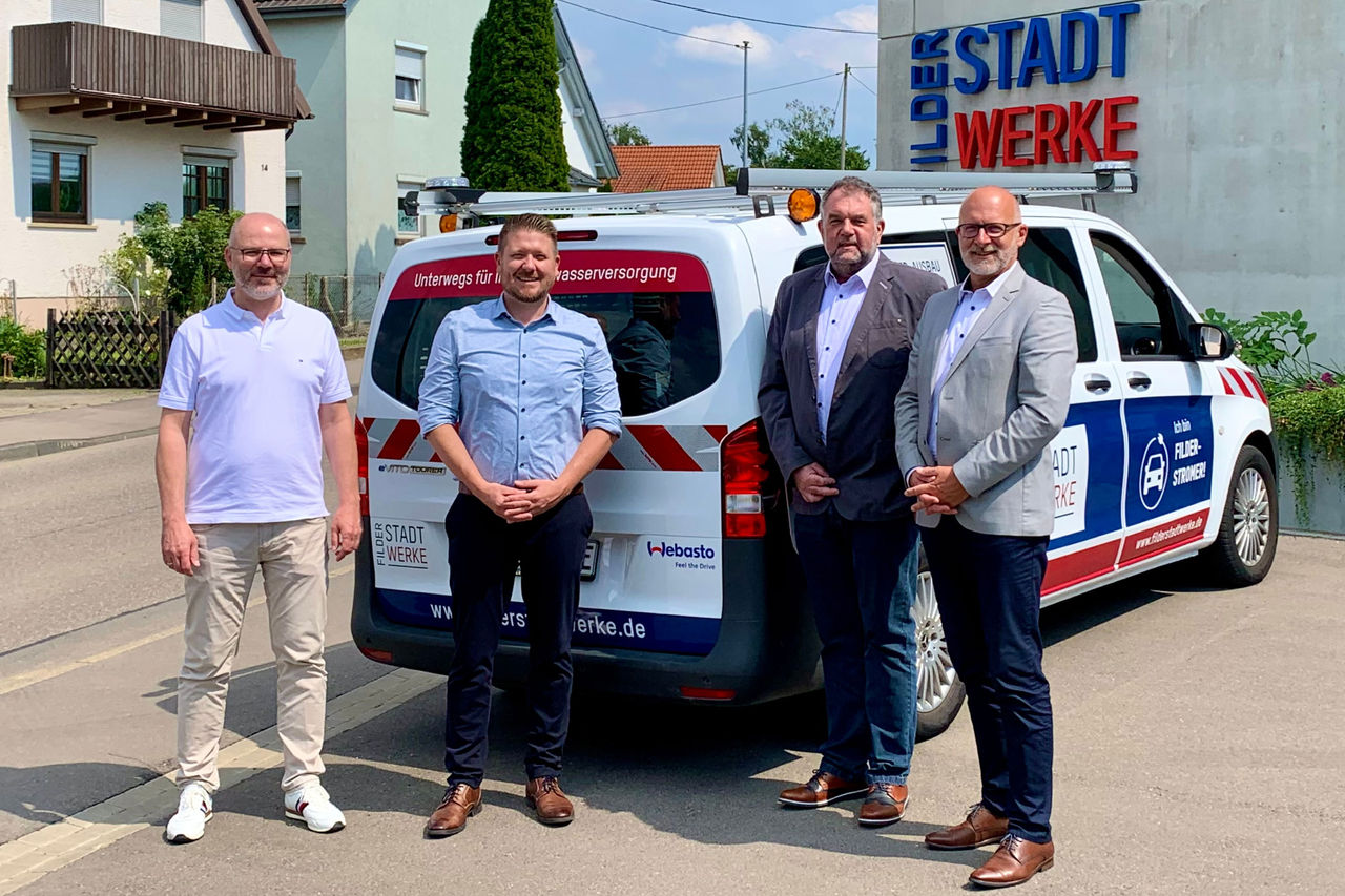 Filderstadtwerke workshop vehicle handed over with Webasto Range Plus retrofit heater, demonstrating reliable cold‑weather range extension in customer reference.