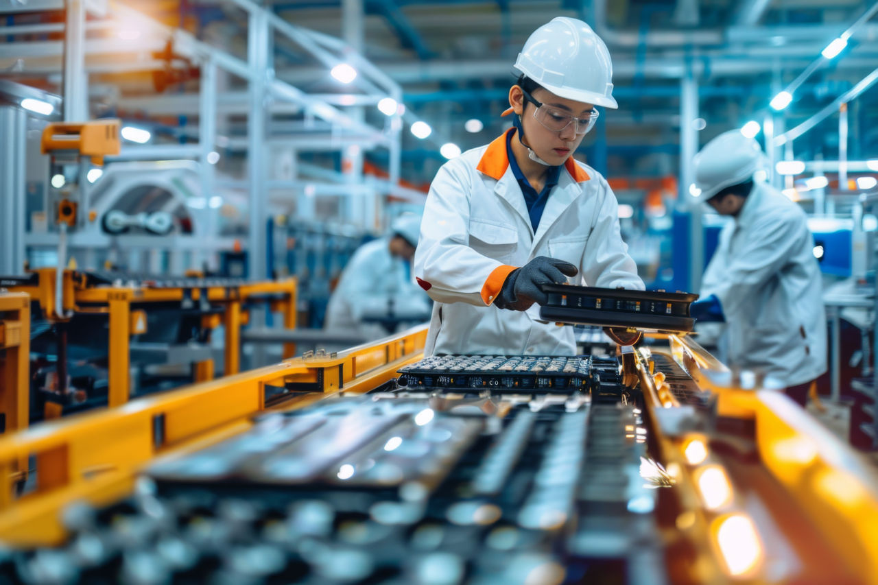Chinese technician working on EV car battery cells in electric vehicle factory